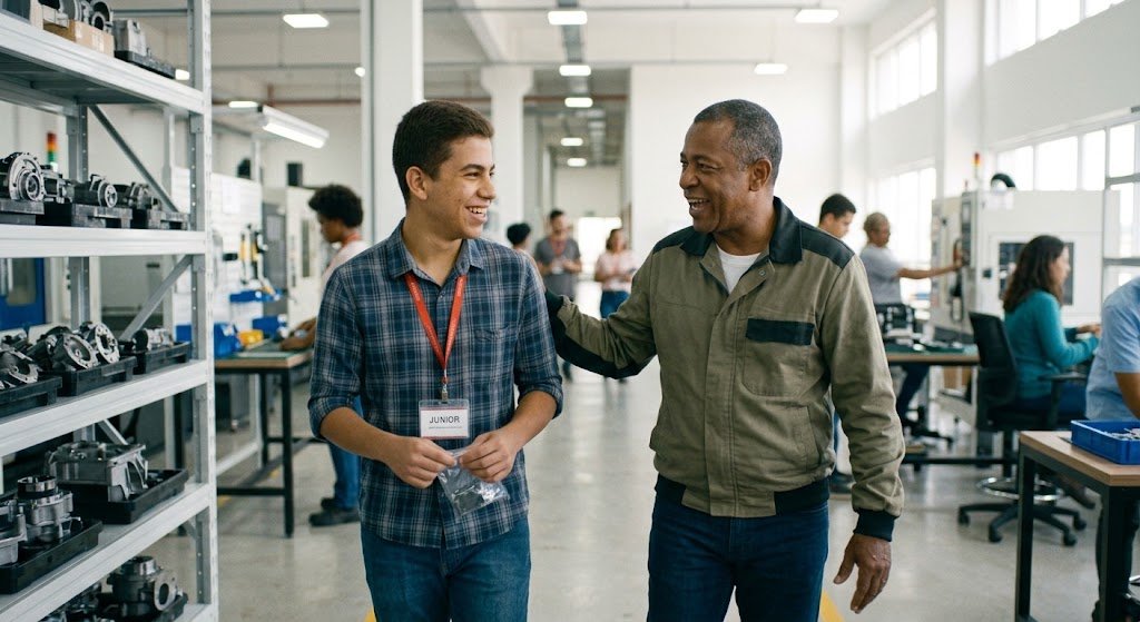 Jovem aprendiz com crachá vermelho caminha sorrindo ao lado de colaborador experiente em oficina com prateleiras de peças