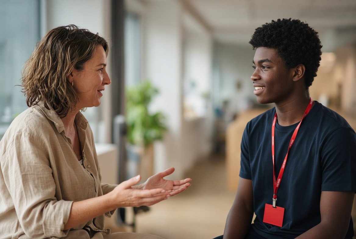 Profissional de RH conversando de forma acolhedora com jovem aprendiz de crachá vermelho