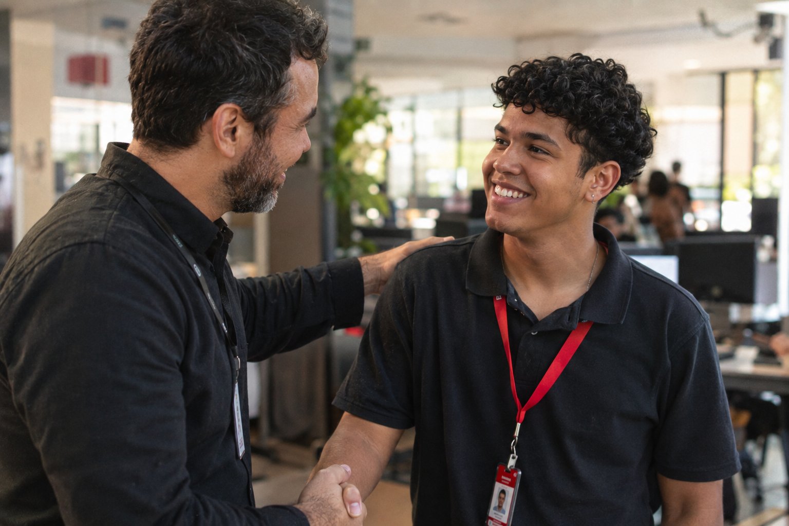Supervisor parabeniza jovem aprendiz com um aperto de mão no ambiente de trabalho