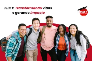 Arte feita no canva que contém jovens sorrindo, o logo do isbet e a frase: transformando vidas, gerando impacto