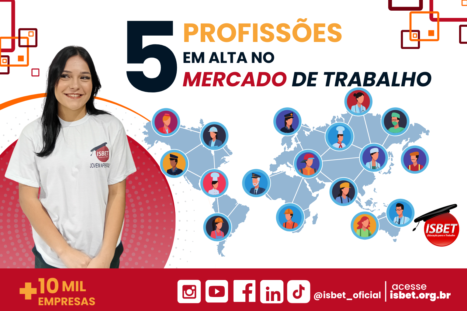 Arte feita no canva com foto da jovem aprendiz do ISBET Giuliana com os dizeres: 5 profissões em alto no mercado de trabalho