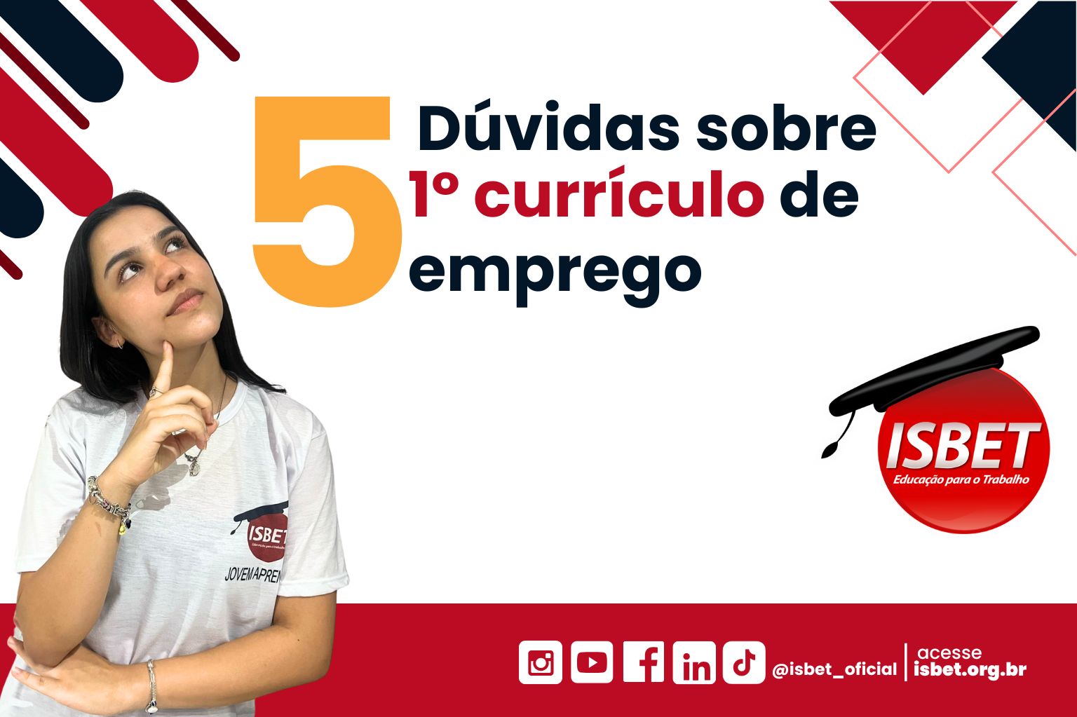 Imagem feita no canva sobre: 5 dúvidas sobre 1º currículo de emprego, na imagem uma jovem aprendiz faz uma pose de pensativa.