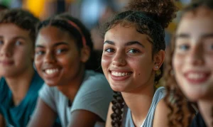 A imagem retrata um grupo de adolescentes de diferentes etnias, sentados lado a lado, sorrindo e interagindo positivamente. O ambiente sugere uma atividade em grupo, como esportes, oficinas ou eventos educacionais voltados ao bem-estar e desenvolvimento pessoal. A presença de diversidade e o clima de alegria e cooperação destacam temas como inclusão social, juventude ativa, saúde mental e pertencimento. Ideal para materiais institucionais, campanhas educacionais, ONGs, projetos sociais e conteúdos sobre desenvolvimento juvenil.