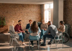 A imagem mostra um grupo de apoio reunido em um ambiente iluminado com parede de tijolos expostos. Diversas pessoas de diferentes idades e estilos estão sentadas em círculo, participando ativamente da conversa. A atmosfera é acolhedora e inclusiva, com destaque para a diversidade — inclusive uma pessoa em cadeira de rodas. A imagem transmite empatia, conexão e cuidado coletivo, sendo ideal para ilustrar temas como saúde mental, terapia em grupo, reabilitação emocional, inclusão e bem-estar psicológico.