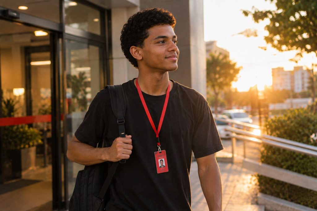 Jovem aprendiz com crachá vermelho saindo do trabalho no fim da tarde, luz dourada de fim de dia, expressão tranquila