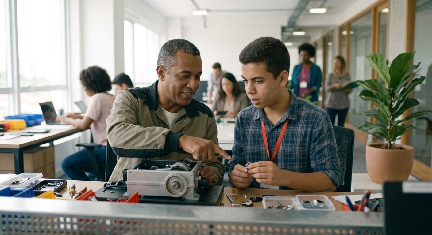 Colaborador experiente orienta jovem aprendiz durante tarefa prática de manutenção em oficina, ambos analisando uma peça juntos