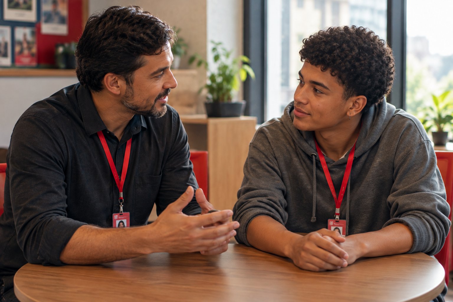 Supervisor e jovem aprendiz de crachá vermelho conversando à mesa em um momento de feedback