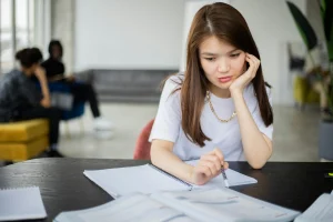 Jovem aprendiz concentrada lendo papéis e apostilas em uma mesa de estudos com foco na rotina de aprendizado.