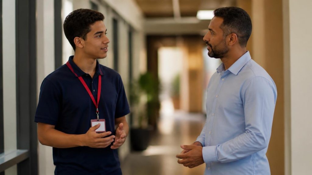 Jovem aprendiz conversando com um supervisor em um corredor sobre sua frequência no trabalho