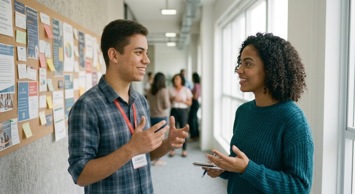 Dois jovens conversando animadamente em corredor, um gesticulando ao explicar suas habilidades
