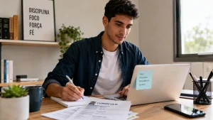 Jovem preparando currículo para conseguir o primeiro emprego sem experiência