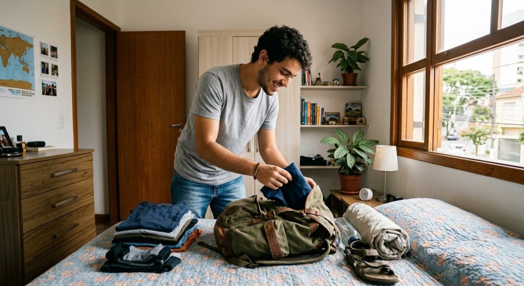Jovem arrumando uma mochila de viagem em cima da cama, se preparando para as férias