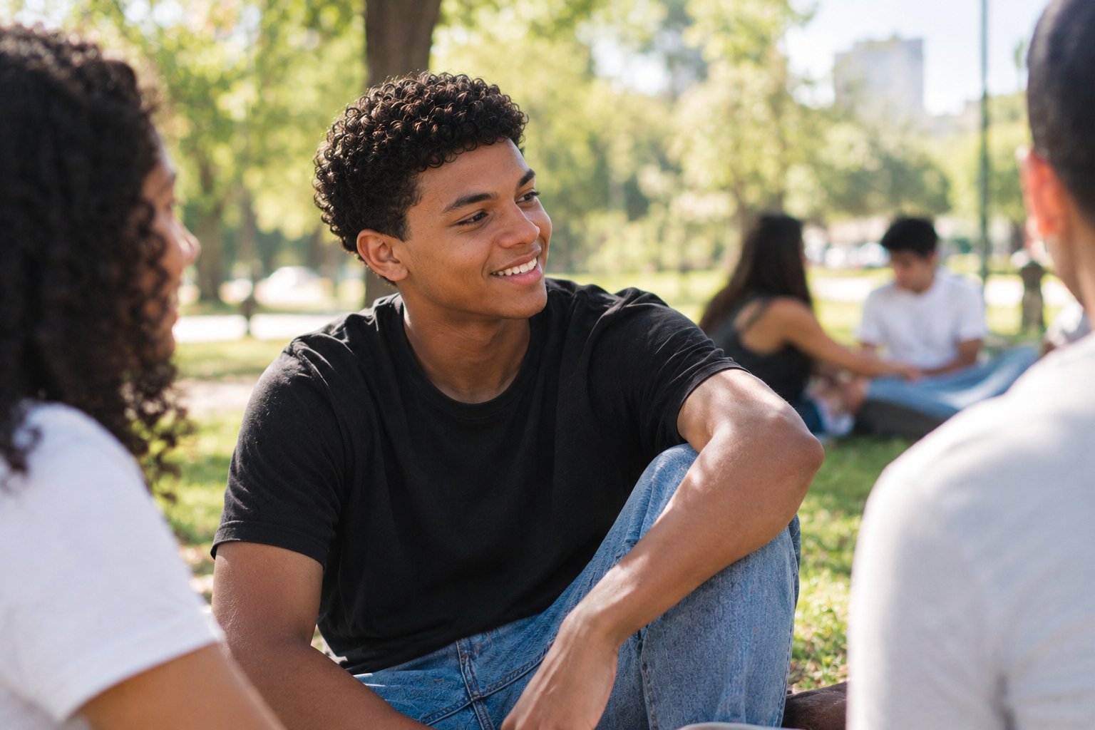 Jovem sorrindo em conversa descontraída com amigos em um parque no domingo