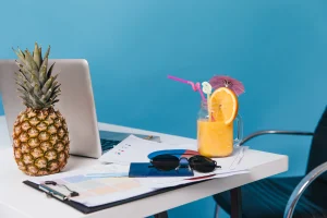 Estudante utilizando um notebook durante as férias para fazer cursos online e planejar sua carreira.