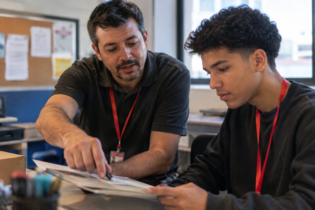 Mentor orientando jovem aprendiz durante atividade de capacitação na empresa