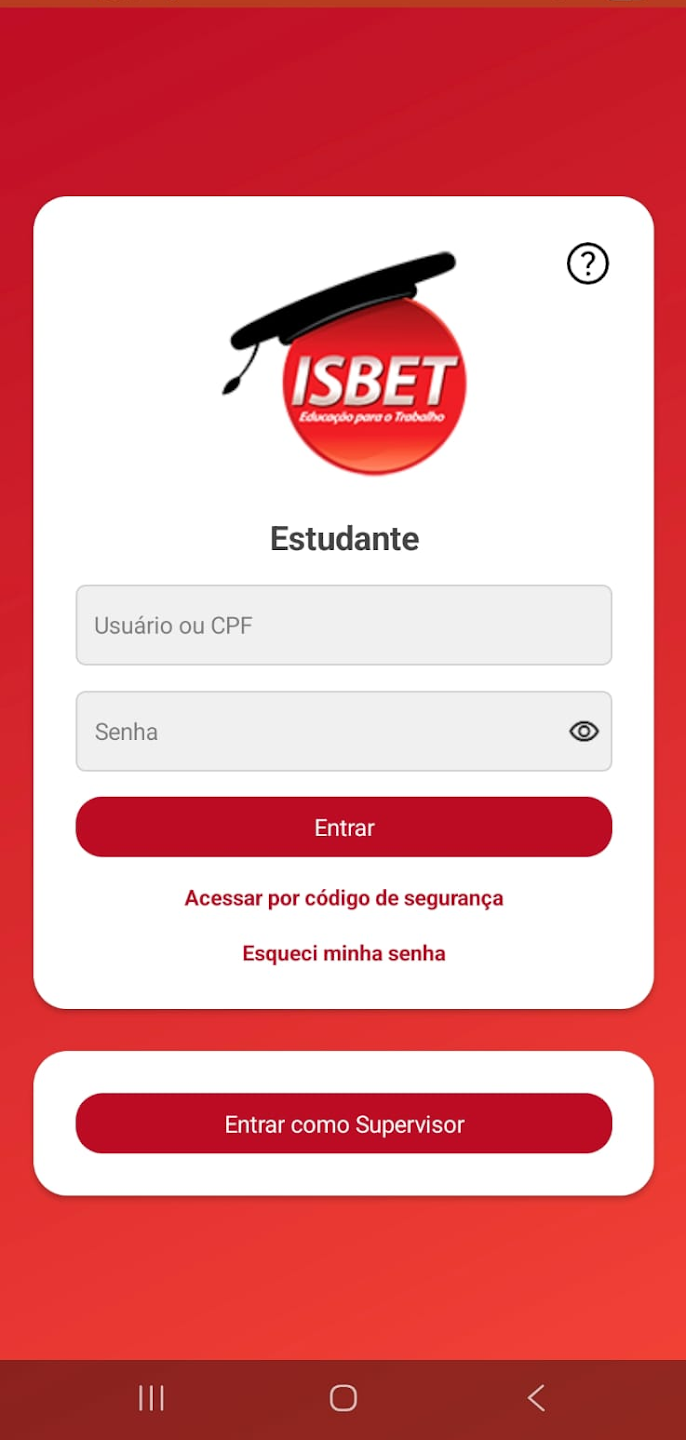 Tela de acesso do aplicativo ISBET para estudantes