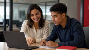 Profissional de RH orientando jovem aprendiz sobre gerir internamente ou terceirizar a gestão de aprendizes