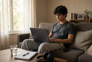 Jovem estudando no notebook em casa durante as férias, sentado no sofá da sala.