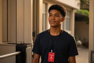 Jovem aprendiz de crachá vermelho passando pela catraca de saída da empresa no fim do expediente