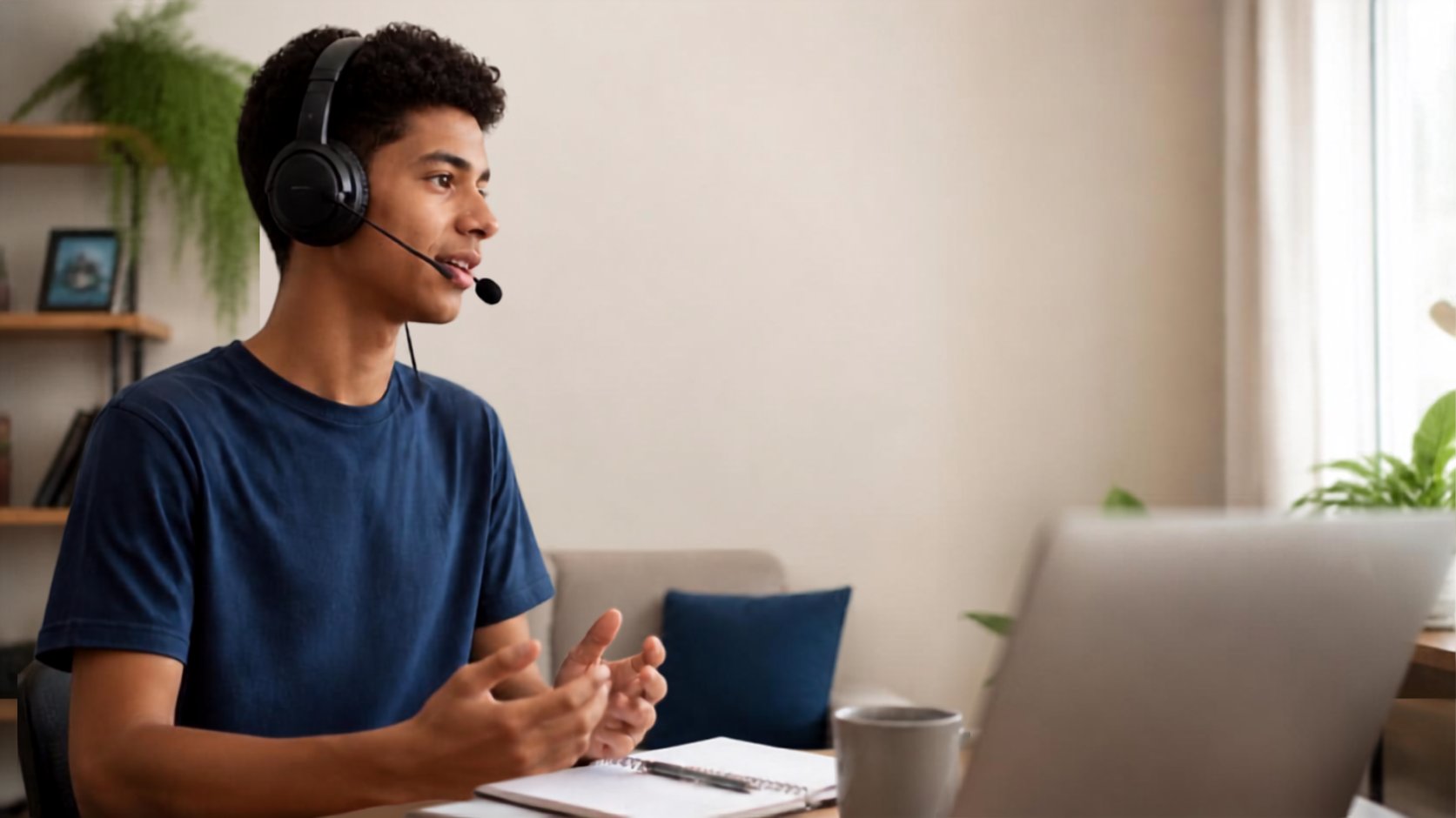 Jovem aprendiz em casa, com fone de ouvido, durante uma chamada de voz com a supervisora