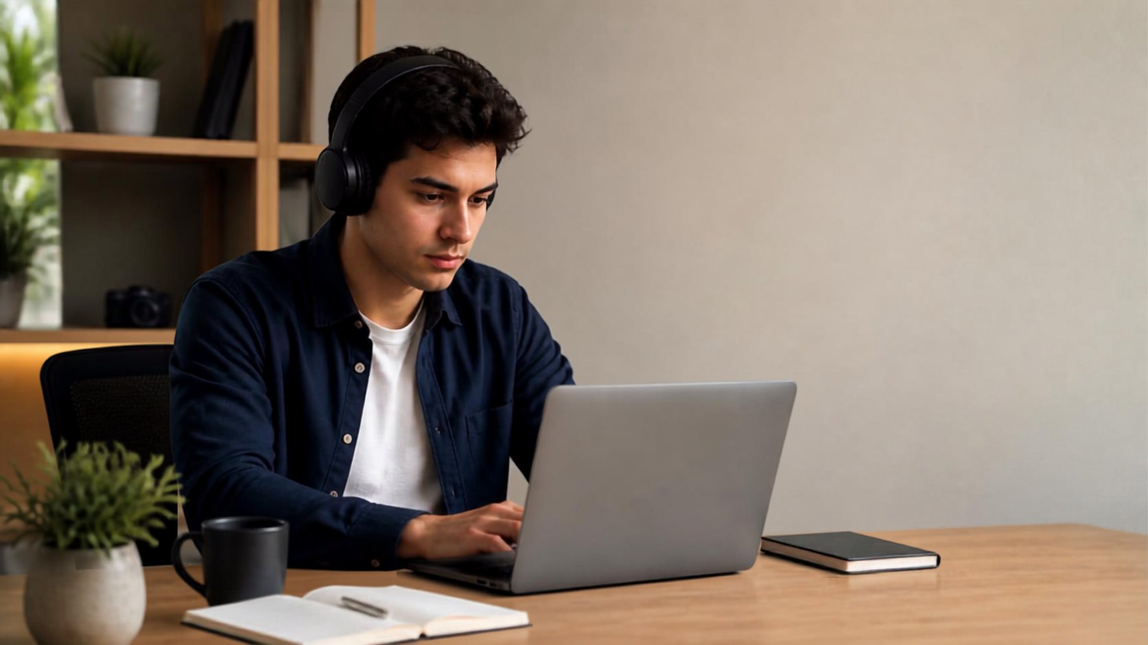 Profissional trabalhando concentrado com fones de ouvido em mesa organizada, ambiente de trabalho adaptado ao foco