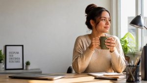 Jovem em home office tomando café perto da janela, com notebook fechado sobre a mesa