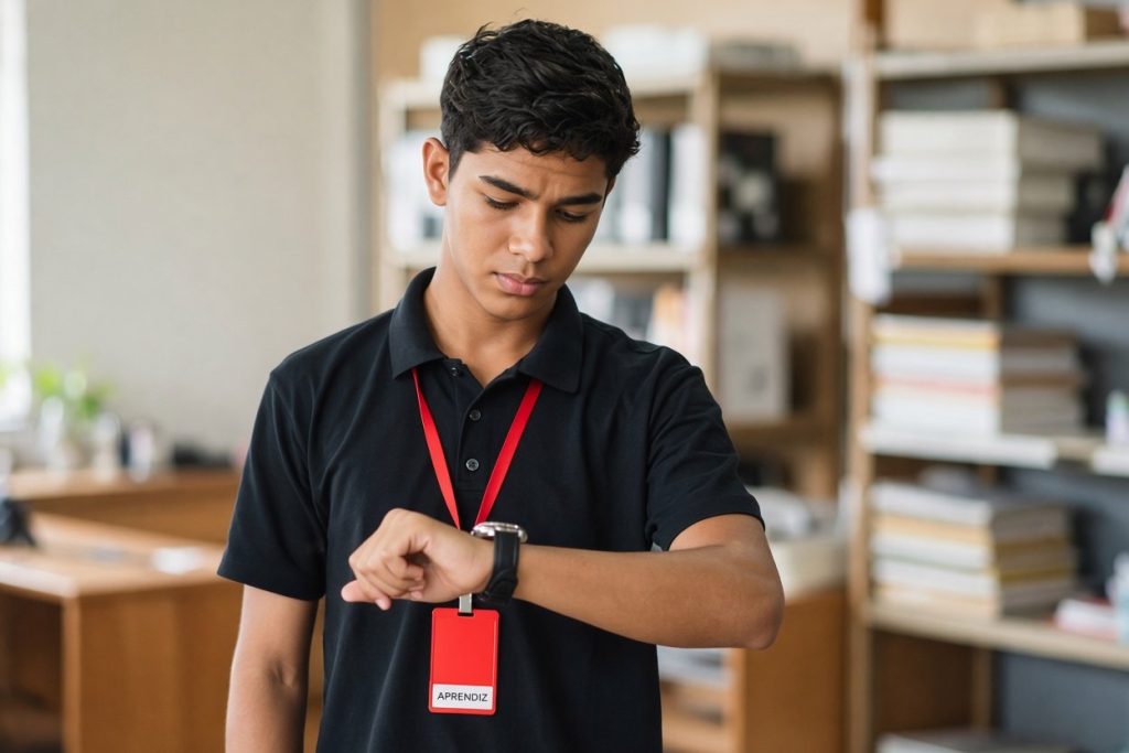 Jovem aprendiz de crachá vermelho verificando o relógio de pulso para organizar suas tarefas dentro do horário