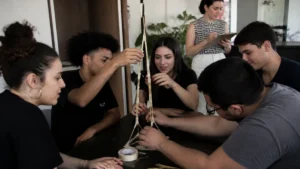 Jovens montando uma torre numa das dinâmicas de grupo no RH