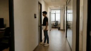 Jovem respirando fundo antes de entrar na reunião, construir autoconfiança no trabalho