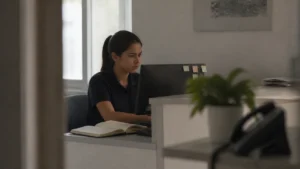 Jovem recepcionista concentrada em um sistema novo, com post-its de atalhos no monitor, exemplo de adaptabilidade no trabalho