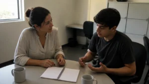 Líder ouvindo um jovem aprendiz com atenção em uma conversa sobre ansiedade no ambiente de trabalho