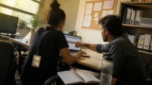 Jovem e colega mais experiente diante de um notebook, em uma conversa sobre carreira em portfólio e novas experiências no trabalho