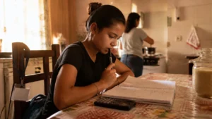 Adolescente estuda na cozinha de casa, em cena que reforça o combate ao trabalho infantil e a importância da escola