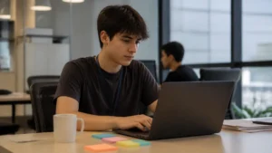 Como é ser jovem aprendiz, jovem com crachá trabalhando no notebook em um escritório compartilhado