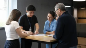 Jovem aprendiz explica uma folha impressa a colegas em uma reunião em pé, exercitando competências de liderança