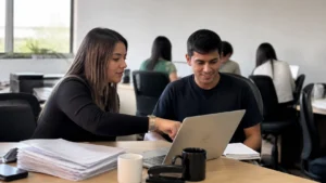 Analista de RH explica a rotina no notebook a um jovem aprendiz, exemplo de comunicação no RH