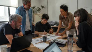 Jovem aprendiz na cultura organizacional: reunião de equipe em volta da mesa com um jovem anotando no caderno