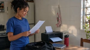 Jovem segurando o currículo recém-impresso na cozinha de casa, com a impressora ao lado