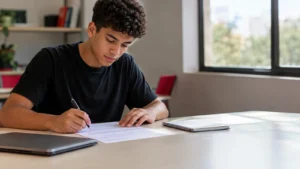 Jovem estudante revisando seu currículo impresso em uma mesa perto da janela