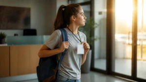Jovem aprendiz saindo do trabalho com a mochila para o curso teórico do jovem aprendiz