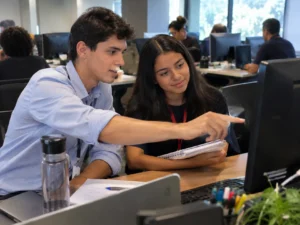 De aprendiz a mentor, jovem explica a rotina de trabalho para uma nova aprendiz em um escritório