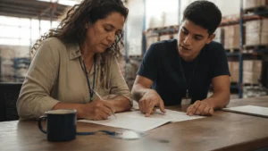 Analista de RH e jovem aprendiz conferem uma planilha impressa, exemplo de desenvolvimento humano nas empresas