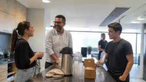 Employer branding no dia a dia: colegas de trabalho conversam descontraídos na copa da empresa