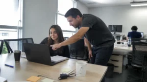 Employer branding com jovem aprendiz: aprendiz e colega mais experiente analisam uma tarefa no notebook em um escritório