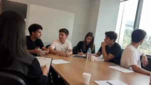 Jovens participando de uma entrevista coletiva em sala de reunião, enquanto um recrutador observa e anota