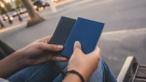 Estrangeiro pode ser jovem aprendiz, mãos segurando uma carteira de trabalho e um passaporte em um banco de praça