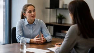 Jovem responde à pergunta fale sobre você em uma entrevista de emprego, gesticulando diante da recrutadora