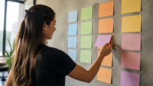 Jovem aprendiz movendo um cartão no mural da trilha de formação de talentos com jovem aprendiz