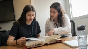 História da aprendizagem profissional no Brasil: jovem aprendiz e colega folheiam um livro numa sala de reunião