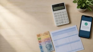 Vista de cima de calculadora, notas de dinheiro, holerite e celular com notificação de pagamento